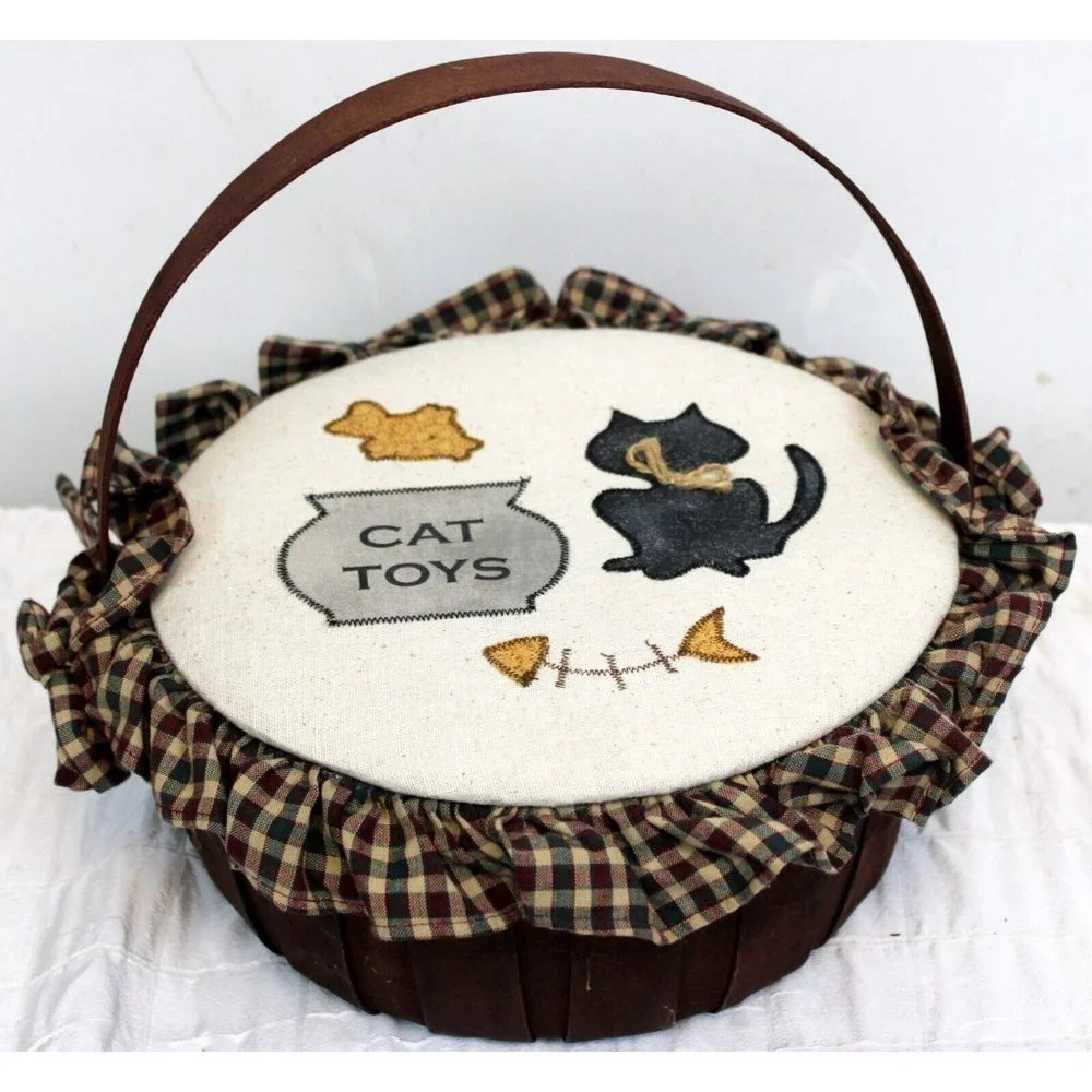 Cat Toys Cottage Core Granny Basket Storage Ruffle Applique Lid Farmhouse County